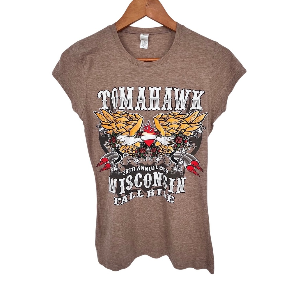 Tomahawk Wisconsin Fall Ride 2009 Graphic T-Shirt‎ Womens XL Brown Biker Core
